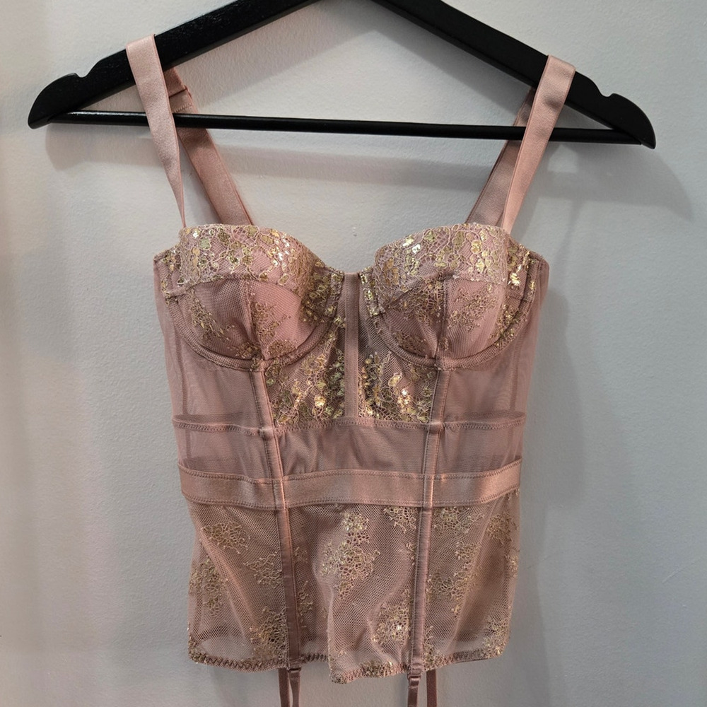 Victoria's Secret Dream Angels Pink Blush and Gold Corset Bustier Top sz 32C New